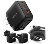 JSAUX Chargeur GaN 65W, 2 USB-C + 1 USB-A, adaptateurs EU/UK