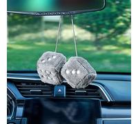 JSCARLIFE 1 Paire de Miroirs Carrés Rétro à Suspendre, Couple de Dés en Peluche Duveteuse de 7,5 cm avec Points, Dés Duveteux pour Miroir pour Décoration et Ornement d'Intérieur de Voiture (Gris)