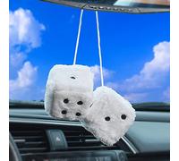 JSCARLIFE 1 Paire de miroirs rétro carrés à suspendre, paire de dés en peluche moelleuse de 7,5 cm avec pois pour décoration intérieure de voiture (Blanc)