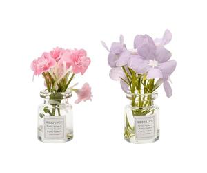 JSCARLIFE Lot de 2 jolis bouquets de fleurs dans un vase en verre pour désodorisant de voiture, mini fleurs artificielles pour grille d'aération de voiture, décoration intérieure de voiture