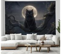 JSCWDET 3D Effet Thème Halloween Tapisserie Art Mural Tapisserie Murales,Pleine Lune Motif Chat Noir Murale En Tissu Pour Chambre Salon Serviette De Plage Tenture Murale 150 X 130 cm