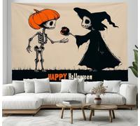 JSCWDET Crâne Éléments De Sorcière Tenture Texte Joyeux Halloween Tapisserie Art Mural Décoration Murale Pour Chambre Dortoir Fête (200L X 150L Cm Crème)