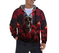 JSCWDET Homme Sweat À Capuche Hiver Chaud Hoodie,Éléments De Crâne De Rose Et De Bougie Épaisse Pull À Capuches Doublée Polaire Manche,Rouge Longue Veste À Capuche Avec Fermeture Éclair Intégrale
