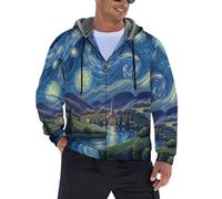 JSCWDET Homme Sweat à Capuche Hiver Chaud Hoodie,Scène Rurale Nocturne Épaisse Pull à Capuches Doublée Polaire Manche,Bleu Longue Veste à Capuche avec Fermeture éclair intégrale