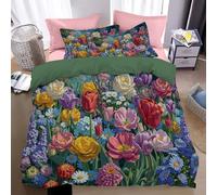 JSCWDET Housse de Couette 220×240cm Jardin Anglais Parure de Tulipes Et Coquelicots Microfibre Douce et Respirante Fille Adulte Housse de Couettes et 2 Taies d'oreiller 65x65 cm
