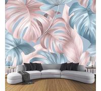 JSCWDET Papier Peint Feuilles Tropicales Soie, Poudre De Fard À Joues Poster Geant Mural 3D Pour Salon Chambre Décoration Murale,Feuilles De Monstera Bleu-Rose,200×140 Cm (W×H)