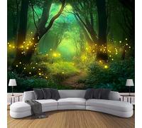 JSCWDET Papier Peint Forêt Magique Soie, Vert Émeraude Poster Geant Mural 3D Pour Salon Chambre Décoration Murale,Lucioles Lumineuses,300×210 Cm (W×H)