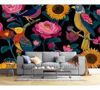 JSCWDET Papier Peint Illustrations De Plantes Et D'Oiseaux Soie, Poudre De Fard À Joues Poster Geant Mural 3D Pour Salon Chambre Décoration Murale,Impressions De Tournesols,150×105 Cm (W×H)
