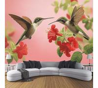 JSCWDET Papier Peint Panoramique 3D Soie,350×256 Cm,Illustration À L'Huile, Fleurs Rouges Colibri, Grande Mural, Pour Salon, Chambre D'Enfant, Chambre Décoration Poster Papier Peint,Rose