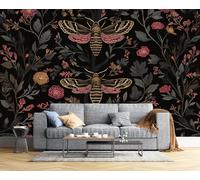 JSCWDET Papier Peint Panoramique 3D Soie Style Gothique,300×210 Cm (W×H) Murales Panoramique Papillons Vignes Pour Salon, Adulte Chambre D'Enfants, Restaurant Décoration,Noir