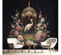 JSCWDET Papier Peint Panoramique Superbe Style Vintage 300×210 CM - Décoration Papier Peint Intissé Moderne - Tapisserie Murale Tableaux Muraux Pour Chambre Salon - Élégant Motif Grue Et Fleurs