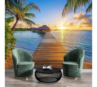 JSCWDET Papier Peint Panoramique Vue Sur Le Coucher De Soleil Soie,300×210 Cm (W×H) Poster Geant Mural Eau De Mer Palmiers3D Moderne Décoration Murale Salon Chambre Á Coucherr Bureau Salle