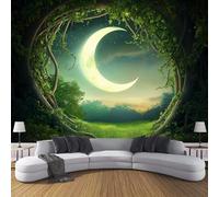 JSCWDET Papier Peint Paysage Forestier Naturel Soie, Vert Émeraude Poster Geant Mural 3D Pour Salon Chambre Décoration Murale,Bois Mystérieux Croissant Lune,350×256 Cm (W×H)