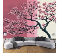 JSCWDET Papier Peint Style De Peinture À L'Encre Soie, Poudre De Fard À Joues Poster Geant Mural 3D Pour Salon Chambre Décoration Murale,Cerisier En Fleurs Roses,250×175 Cm (W×H)