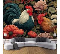 JSCWDET Papier Peint Style Pastoral Soie, Poudre De Fard À Joues Poster Geant Mural 3D Pour Salon Chambre Décoration Murale,Coq Illustration De Fleurs,400×280 Cm (W×H)