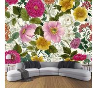 JSCWDET Papier Peint Style Pastoral Soie, Poudre De Fard À Joues Poster Geant Mural 3D Pour Salon Chambre Décoration Murale,Pivoine Motif De Feuilles,300×210 Cm (W×H)