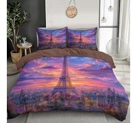 JSCWDET Set Housse de Couette 200×200cm Vue Romantique sur La Ville, Coucher De Soleil sur La Tour Eiffel Microfibre Parure de Lit avec Taies d'oreiller 65x65 cm, Violet Rose