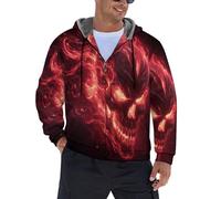 JSCWDET Sweat À Capuche Pour Homme,Ambiance Étrange Veste Polaire Chaude Et Épaisse Hoodie Sweatshirt,Flammes Motif De Crâne Hiver Pull A Capuche Zippé,Rouge,S-5Xl