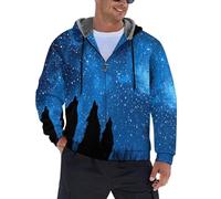 JSCWDET Sweat à capuche pour homme,Art Naturaliste Veste Polaire Chaude et Épaisse Hoodie Sweatshirt,Ciel Étoilé Silhouette De Loup Hiver Pull a Capuche Zippé,Bleu,S-5XL