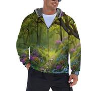JSCWDET Sweat À Capuche Pour Homme,Scène De Forêt Veste Polaire Chaude Et Épaisse Hoodie Sweatshirt,Fleurs Motif De Chemin De Pierres Hiver Pull A Capuche Zippé,Vert Émeraude,S-5Xl