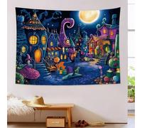 JSCWDET Tapisserie Murale Place Du Village Mystérieux - Art Fantastique Murale Décorative Durable - Impression 3D - Bleu Foncé Affiche Esthétique Pour Dortoir Salon Chambre À Coucher - 200L X 150L Cm