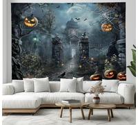 JSCWDET Tapisserie Murale Ruines Mystérieuses La Forêt, Tissu Imprimé Motif Citrouille Corbeau Et Toile D'Araignée 230L x 150l cm pour Décoration Salon ou Chambre,Gris foncé