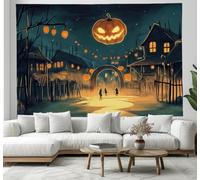 JSCWDET Tenture Murale Citrouilles Créatures Extraterrestres Tapisserie Murale Scène De Village Antique 200L X 150L Cm Réutilisable Tissu Mural Wall Art Tapestry Décoration Poster,Couleur Orange