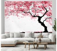 JSCWDET Tenture Murale Illustration D'Arbre Sakura Aquarelle 230 X 180 Cm Réutilisable Tissu Mural Wall Art Tapestry Décoration Poster Pour Chambre Salon Fête Dortoir,Rose Blush