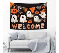 JSCWDET Tenture Murale Mots « Bienvenue » Fantôme D'Halloween Mignon 150L x 100l cm Réutilisable Tissu Mural Wall Art Tapestry Décoration Poster Pour Chambre Salon Fête Dortoir,Blanc