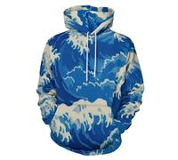 JSCWDET Tops Pullover Sweat À Capuche Unisexe Imprimé Style Japonais Ukiyo-E 3D, Motif De Lignes Ondulées Pull À Manches Longues avec Poche,Bleu Foncé