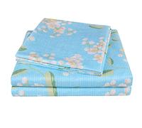 JSD Parure de lit 4 pièces en Microfibre Douce à Motif Floral, Drap-Housse avec Bonnet Profond, pour lit Queen Size, Bleu.