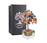 JSDDE Arbre de Vie en Pierres Naturelles avec Base Cube Transparent en Verre Feng Shui Bonsai Arbre de Cristal Porte Bonheur 7 Chakra Reiki Guérison Spirituel Décoration Maison Intérieurs (7 Chakras)