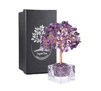 JSDDE Arbre de Vie en Pierres Naturelles avec Base Cube Transparent en Verre Feng Shui Bonsai Arbre de Cristal Porte Bonheur 7 Chakra Reiki Guérison Spirituel Décoration Maison Intérieurs (Améthyste)