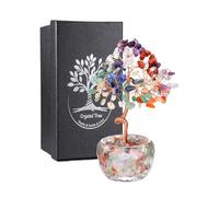 JSDDE Arbre de Vie en Pierres Naturelles Base en Verre Facetté 7 Chakra | Feng Shui Bonsai Arbre de Cristal Vase Bol Transparent Remplie Gemmes Tronc Courbé Bibelot Décoration Bureau Cadeau Femmes