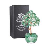 JSDDE Arbre de Vie en Pierres Naturelles Base en Verre Facetté Aventurine | Feng Shui Bonsai Arbre de Cristal Vase Bol Transparent Remplie Gemmes Tronc Courbé Bibelot Décoration Bureau Cadeau Femmes