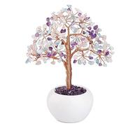 JSDDE Bonsai Arbre de Vie en Pierres Naturelles Décoration Feng Shui Arbre du Bonheur Pierres et Cristaux Vase Blanc Céramique Ornement Guérison Maison 19-20cm (Améthyste+Quartz Rose+Aigue-Marine)