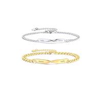 JSDDE Bracelet Couple Amoureux Personnalisé Prénoms Initiales en Acier Inoxydable Bracelet Plaque Gravure Texte à Chaîne Regolabile Personnalisable Connecté Distance Fiancés (Argent Or Barre Torsadée)