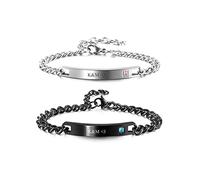 JSDDE Bracelet Couple Amoureux Personnalisé Prénoms Initiales en Acier Inoxydable Bracelet Plaque Gravure Texte Date Chaîne Regolabile Personnalisable Connecté Distance Fiancés (Argent et Noit Strass)