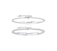 JSDDE Bracelet Couple Amoureux Personnalisé Prénoms Initiales en Acier Inoxydable Bracelet Plaque Gravure Texte à Chaîne Regolabile Personnalisable Connecté Distance Fiancés (Argent Barre Torsadée)