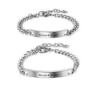 JSDDE Bracelet Couple Amoureux Personnalisé Prénoms Initiales en Acier Inoxydable Bracelet Plaque Gravure Texte Date à Chaîne Regolabile Personnalisable Connecté Distance Cadeau Fiancés (Argent Blanc)