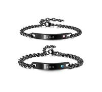 JSDDE Bracelet Couple Amoureux Personnalisé Prénoms Initiales en Acier Inoxydable Bracelet Plaque Gravure Texte Date à Chaîne Regolabile Personnalisable Connecté Distance Fiancés (Noir avec Strass)
