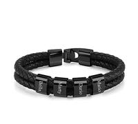 JSDDE Bracelet Homme Cuir avec Anneaux Personnalisé Prénoms Initiales Bracelet Cordon Cuir Tressé Breloque Bead Gravure 4 Noms Identification Bracelets Rigide Cadeau Anniversaire BFF Père (Noir)