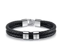 JSDDE Bracelet Homme Cuir avec Anneaux Personnalisé Prénoms Initiales Bracelet Cordon Cuir Tressé Breloque Bead Gravure 2 Noms Identification Bracelets Rigide Cadeau Anniversaire BFF Père (Argent)