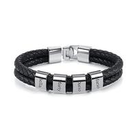 JSDDE Bracelet Homme Cuir avec Anneaux Personnalisé Prénoms Initiales Bracelet Cordon Cuir Tressé Breloque Bead Gravure 4 Noms Identification Bracelets Rigide Cadeau Anniversaire BFF Père (Argent)