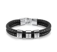 JSDDE Bracelet Homme Cuir avec Anneaux Personnalisé Prénoms Initiales Bracelet Cordon Cuir Tressé Breloque Bead Gravure 3 Noms Identification Bracelets Rigide Cadeau Anniversaire BFF Père (Argent)