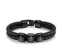 JSDDE Bracelet Homme Cuir avec Anneaux Personnalisé Prénoms Initiales Bracelet Cordon Cuir Tressé Breloque Bead Gravure 3 Noms Identification Bracelets Rigide Cadeau Anniversaire BFF Père (Noir)