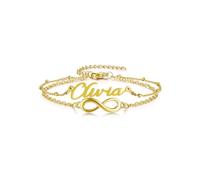 JSDDE Bracelet Nom Personnalisé en Acier Inoxydable pour Femme Fille Bracelet Chaîne Charm Infini 2 Couches Personnalisable Nom Initiales Lettre Réglable Identification Bijoux Cadeau Copine Amies (Or)