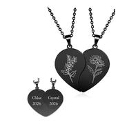 JSDDE Collier Coeur Separable pour Couple Personnalisé Prénoms Initiales en Acier Inoxydable Colliers Couple Amoureux Gravure Séparé en 2 BFF Collier Amitié pour Meilleurs Amis Cadeau (Noir Fleurs)