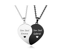 JSDDE Collier Coeur Separable pour Couple Personnalisé Prénoms Initiales en Acier Inoxydable Colliers Couple Amoureux Gravure Séparé en 2 BFF Collier Amitié pour Meilleurs Amis Cadeau (Argent + Noir)