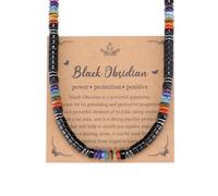 JSDDE Collier Homme avec Perles 7 Chakras Gemme 6mm Chakras Collier Perles Heishi Pierres et Cristaux Naturelles pour Femme Homme Yoga Bijoux Amulette Protection Porte-Bonheur Cadeau Fete Obsidienne
